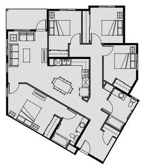 Floor plan for 4 beds, 2 baths, 1438 sqft